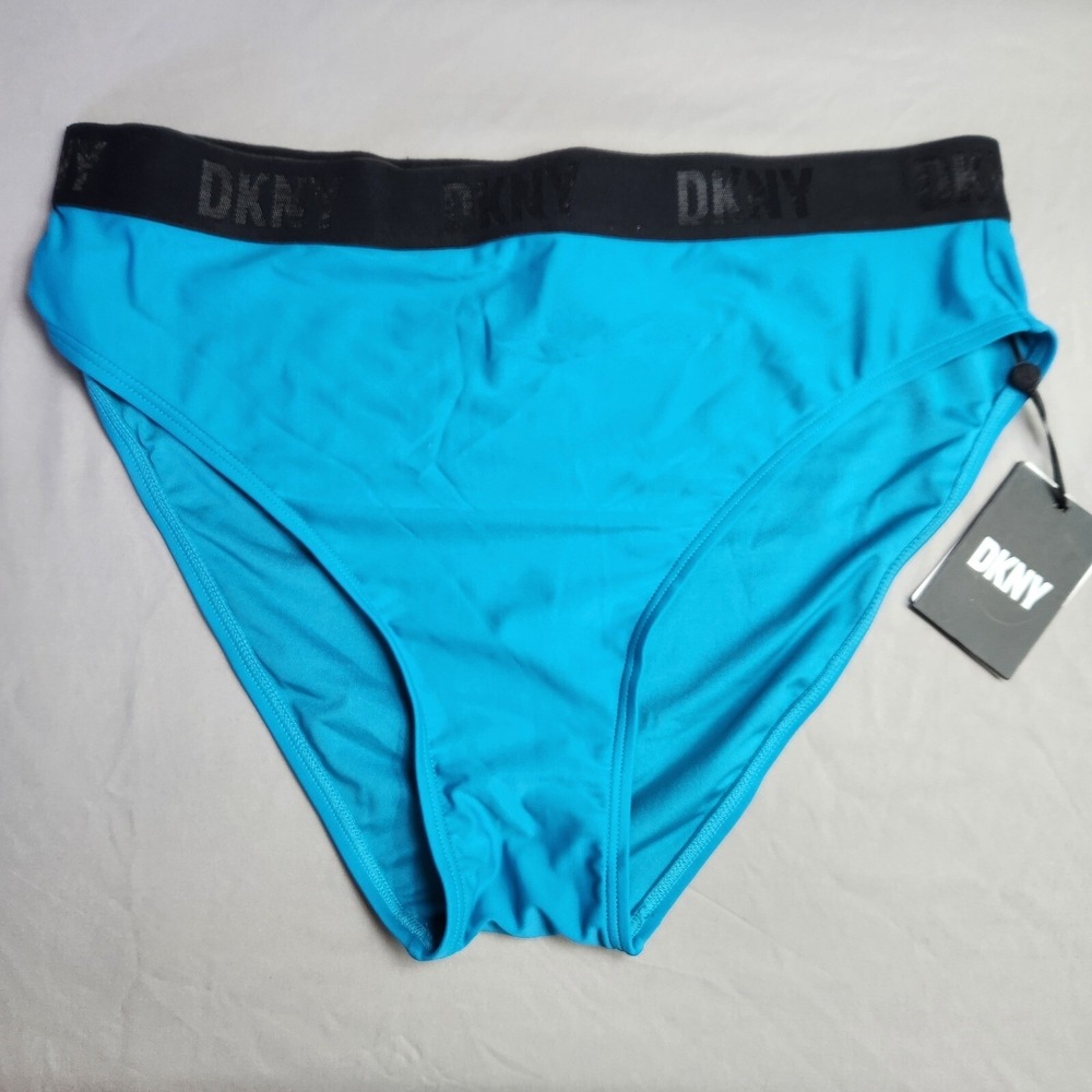 DKNY Swim‎ Bikini Bottoms High Waist High Cut Logo Waistband Blue Plus Size XXL